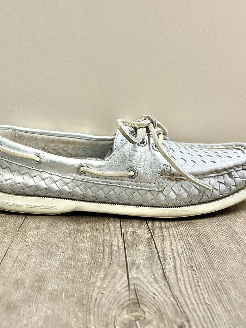 Sperry Silver & Grey Woven Leather Boat Shoes - Picture 3 of 8